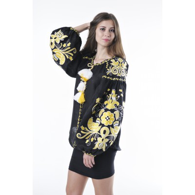 Boho Style Ukrainian Embroidered Folk  Blouse "Boho Birds" yellow on black